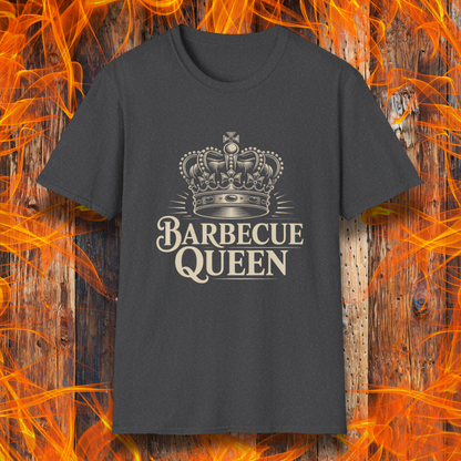 Black t-shirt with 'Barbecue Queen' design on a wooden background with flames.
