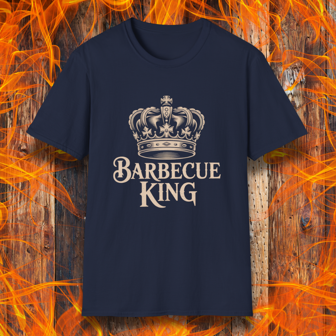 Navy blue t-shirt with 'Barbecue King' design on a fiery background