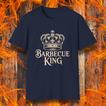 Navy blue t-shirt with 'Barbecue King' design on a fiery background