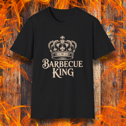 Black t-shirt with 'Barbecue King' design on a fiery background