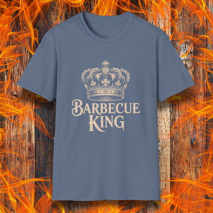 Blue t-shirt with 'Barbecue King' text and crown graphic on a fiery background