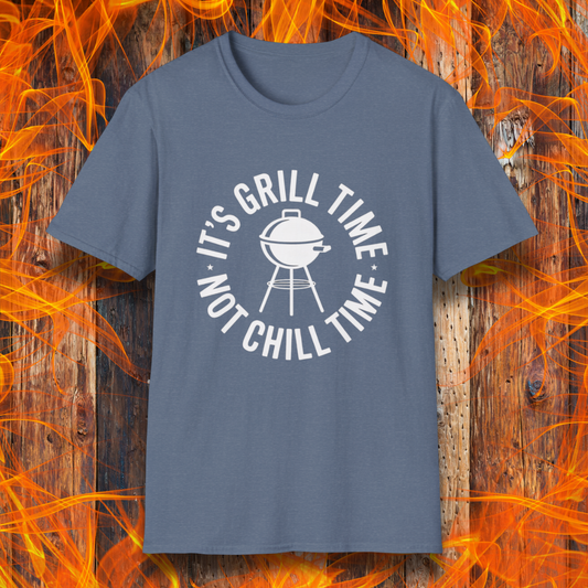 Blue t-shirt with 'It's Grill Time, Not Chill Time' text on a fiery background