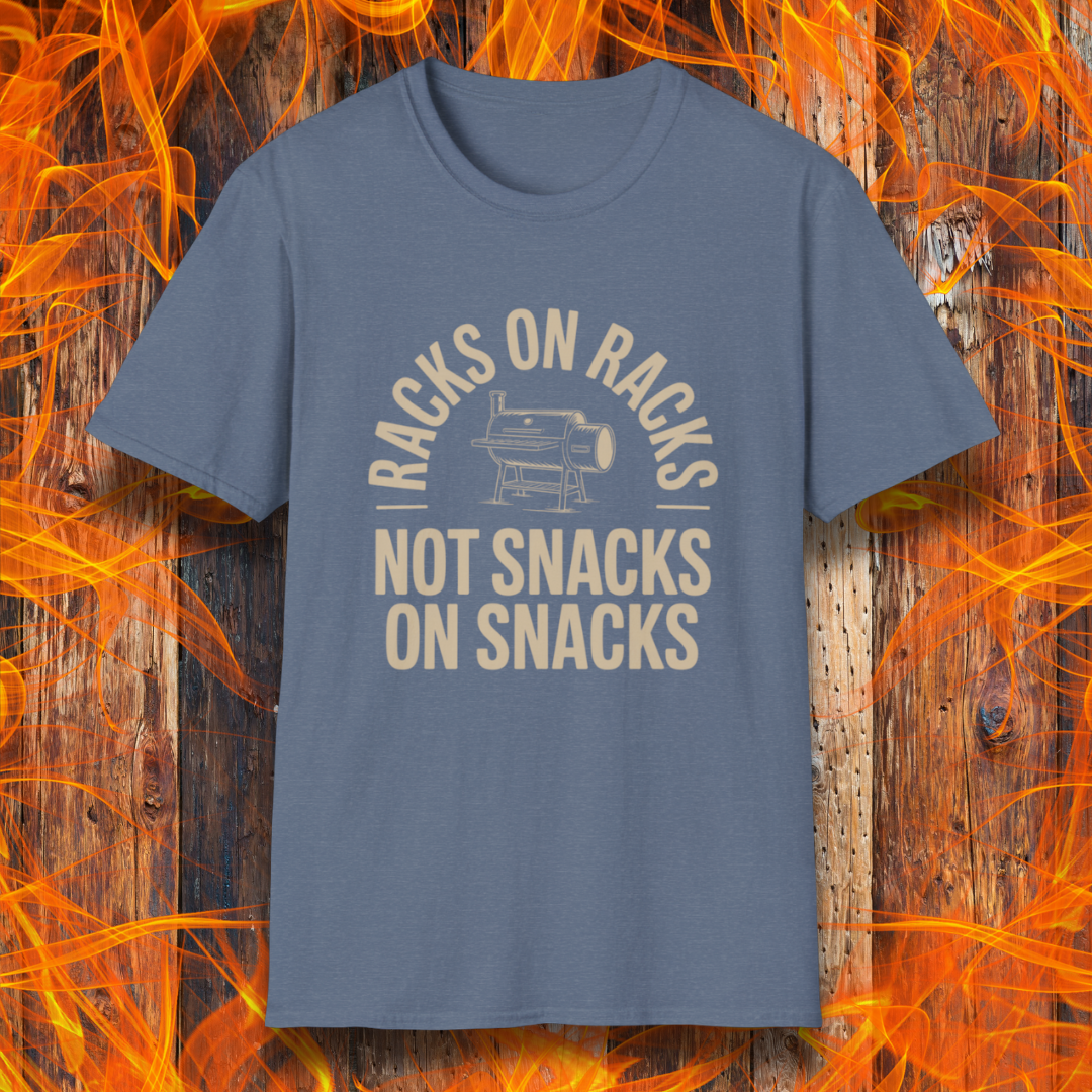 Blue t-shirt with text and graphic on a wooden background with flames