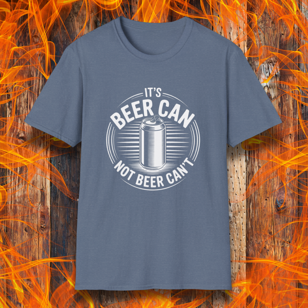 Blue t-shirt with 'It's Beer Can Not Beer Can't' design on a wooden background with flames.