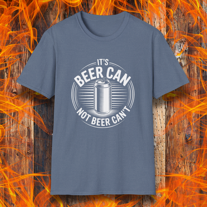Blue t-shirt with 'It's Beer Can Not Beer Can't' design on a wooden background with flames.