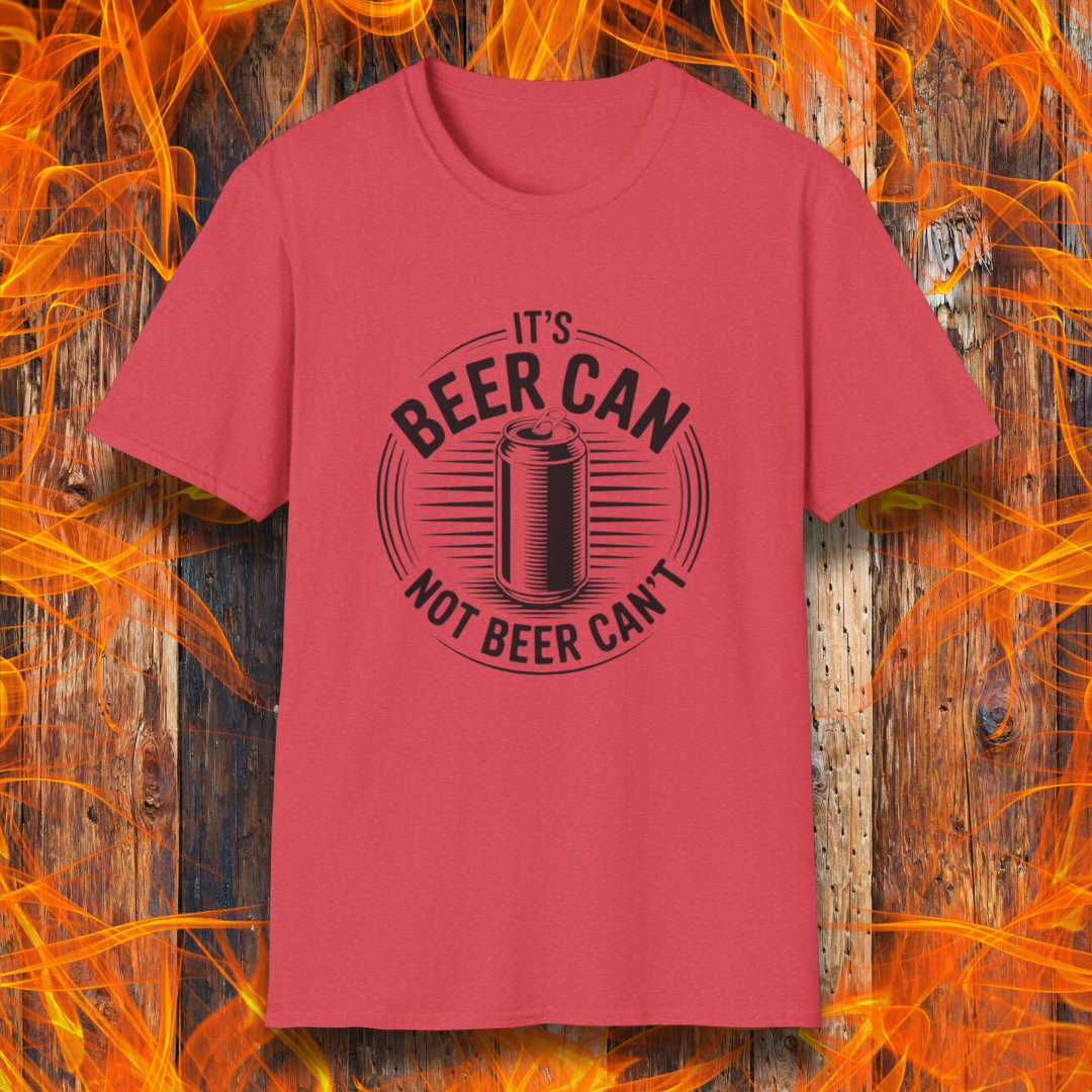 Red t-shirt with 'It's Beer Can Not Beer Can't' text design on a wooden background with flames.