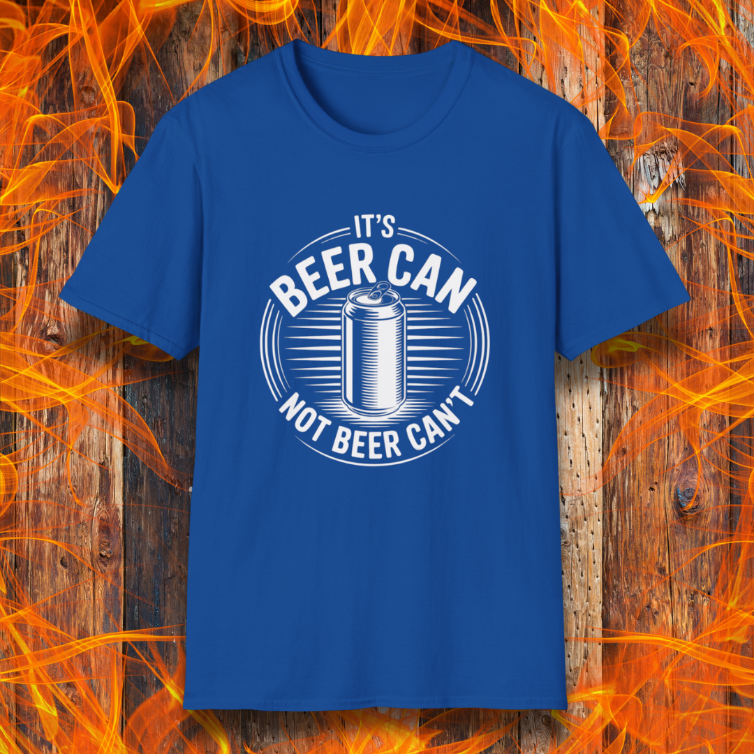 Blue t-shirt with 'It's Beer Can Not Beer Can't' design on a wooden background with flames.
