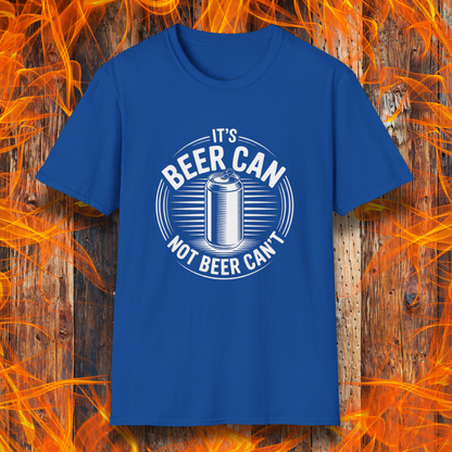 Blue t-shirt with 'It's Beer Can Not Beer Can't' design on a wooden background with flames.