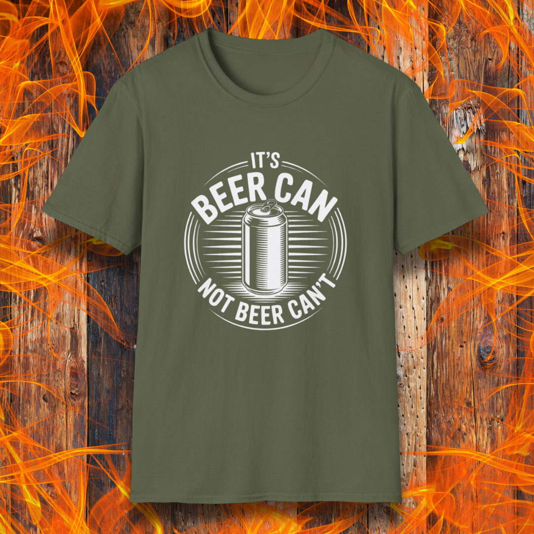 Green t-shirt with 'It's Beer Can Not Beer Can't' design on a wooden background with flames.