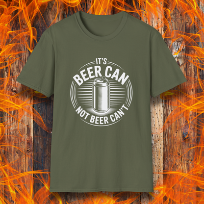 Green t-shirt with 'It's Beer Can Not Beer Can't' design on a wooden background with flames.