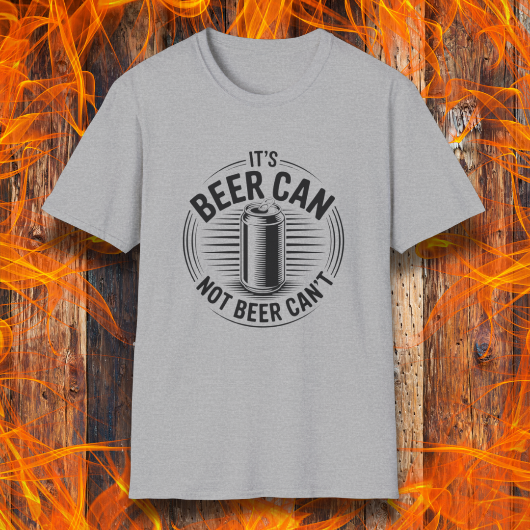 Gray t-shirt with 'It's Beer Can Not Beer Can't' design on a fiery background
