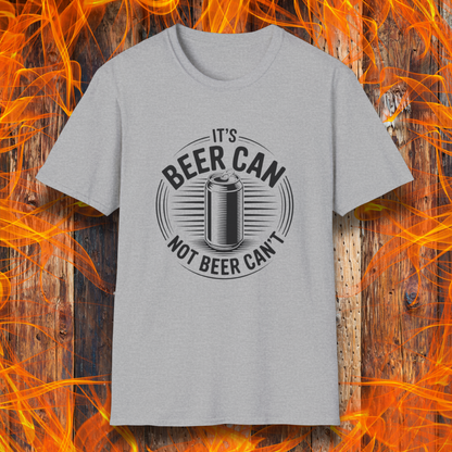 Gray t-shirt with 'It's Beer Can Not Beer Can't' design on a fiery background
