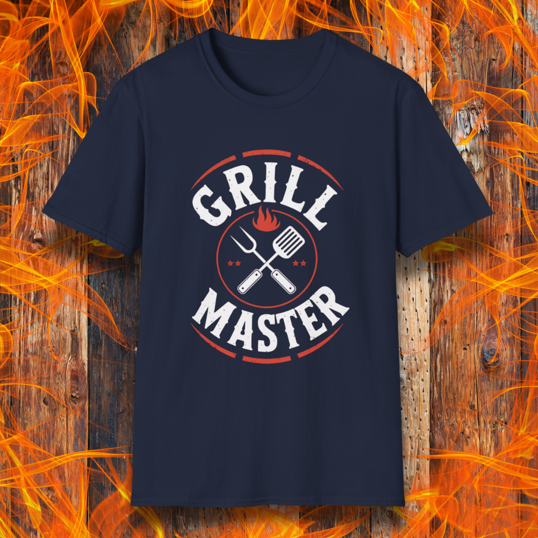 Navy blue t-shirt with 'Grill Master' graphic on a fiery background