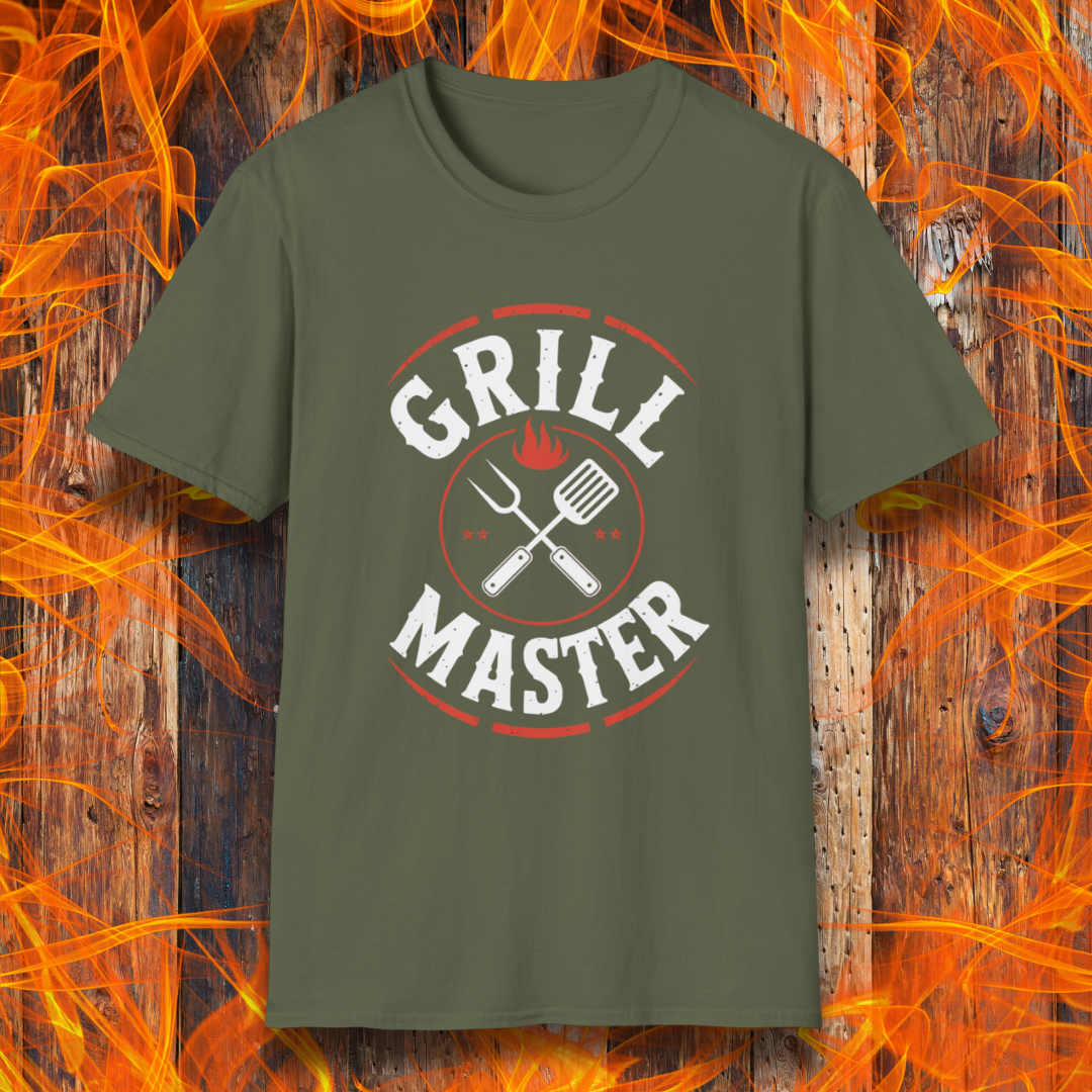 Green t-shirt with 'Grill Master' design on a fiery background