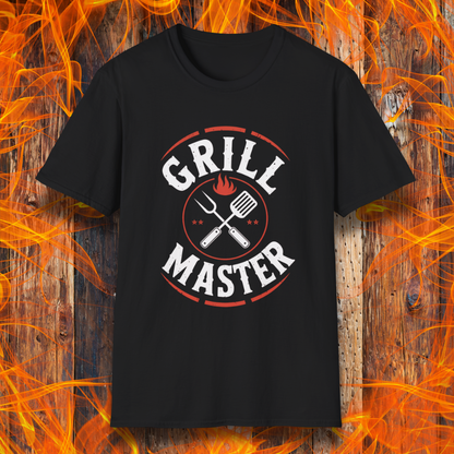 Black t-shirt with 'Grill Master' design on a fiery background