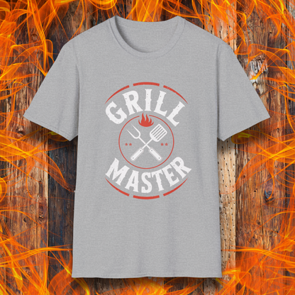 Gray t-shirt with 'Grill Master' design on a fiery background