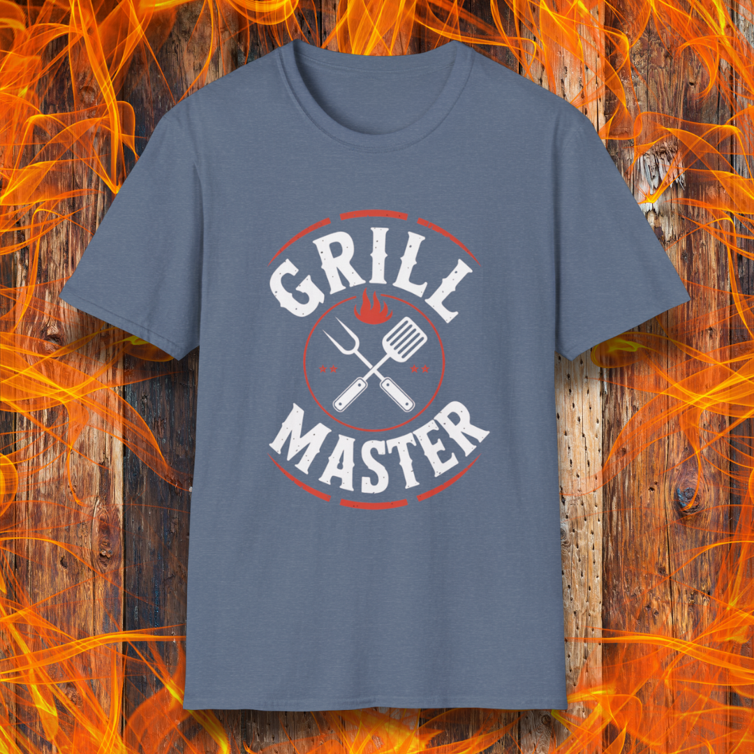 Blue t-shirt with 'Grill Master' design on a fiery background