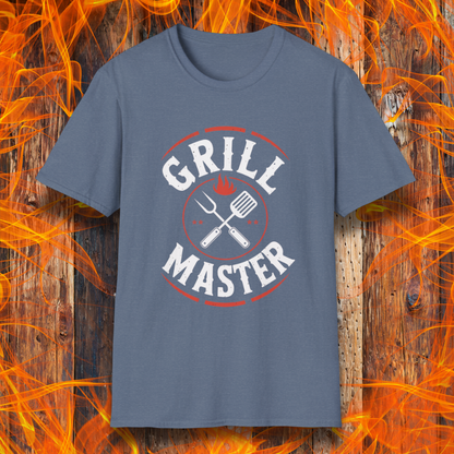 Blue t-shirt with 'Grill Master' design on a fiery background