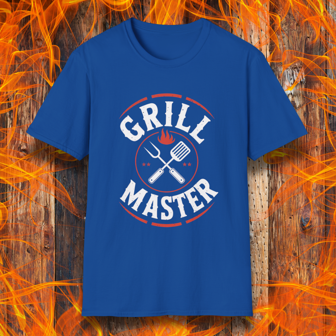 Blue t-shirt with 'Grill Master' design on a wooden background with flames.