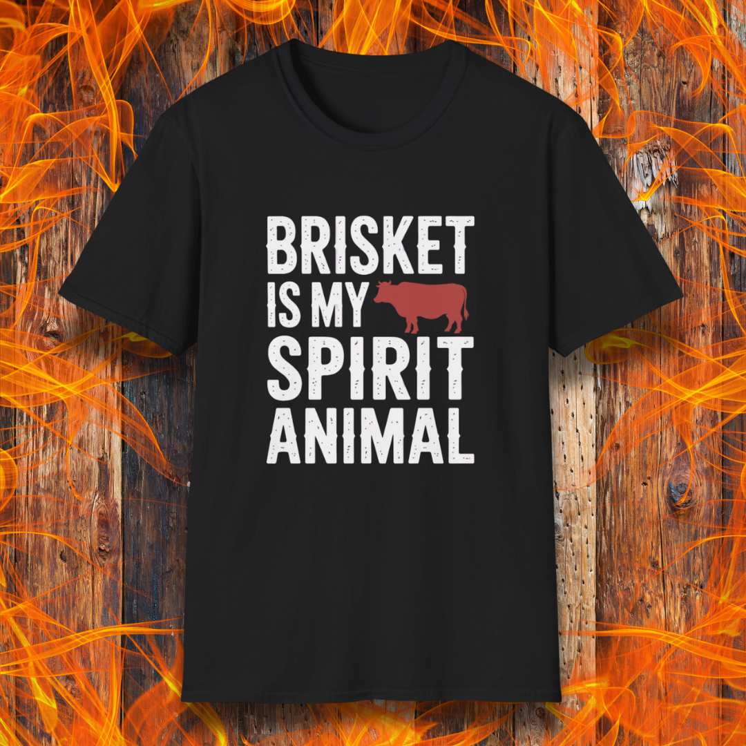 Black T-Shirt On Fire Background with the saying Brisket Is My Spirit Animal