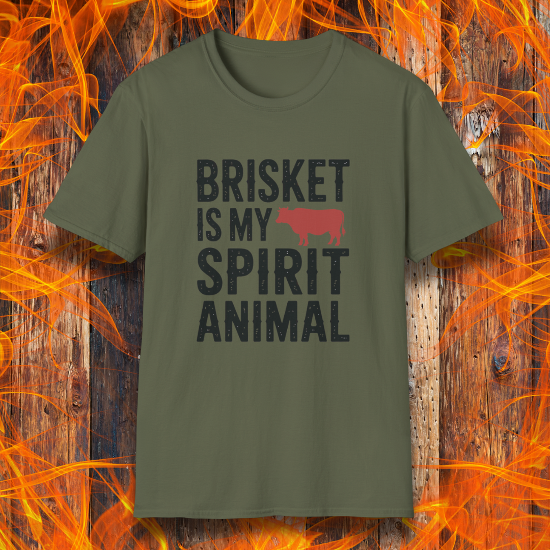 Green T-Shirt On Fire Background with the saying Brisket Is My Spirit Animal