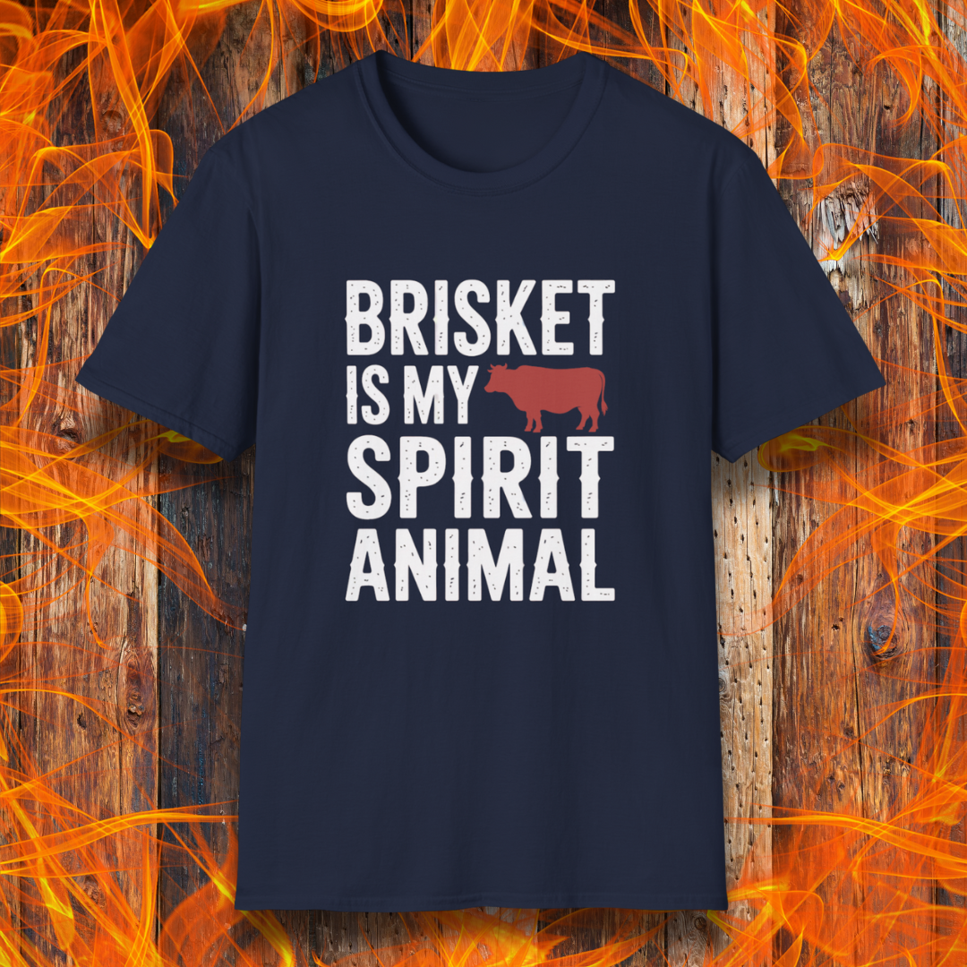 Navy T-Shirt On Fire Background with the saying Brisket Is My Spirit Animal
