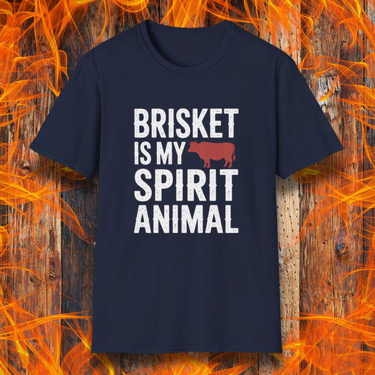Navy T-Shirt On Fire Background with the saying Brisket Is My Spirit Animal