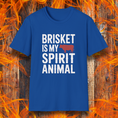 Blue T-Shirt On Fire Background with the saying Brisket Is My Spirit Animal