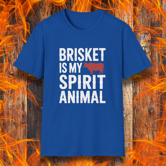 Blue T-Shirt On Fire Background with the saying Brisket Is My Spirit Animal
