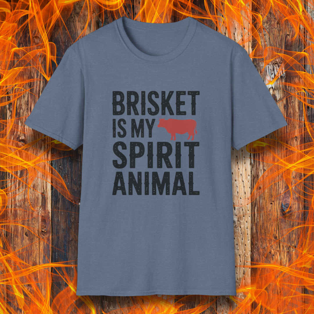 Blue t-shirt with 'Brisket is my Spirit Animal' text on a fiery background