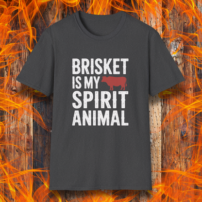 Dark Grey T-Shirt On Fire Background with the saying Brisket Is My Spirit Animal