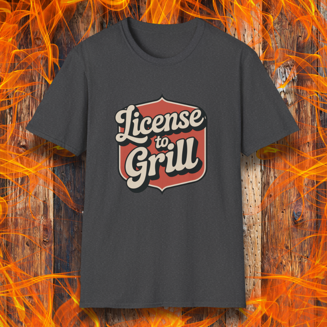 Dark Grey  t-shirt with 'License to Grill' design on a fiery background