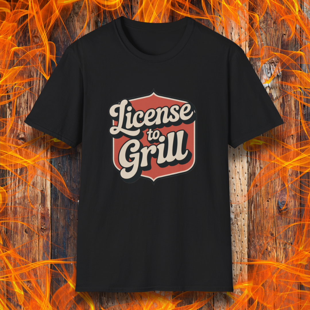 Black t-shirt with 'License to Grill' design on a fiery background