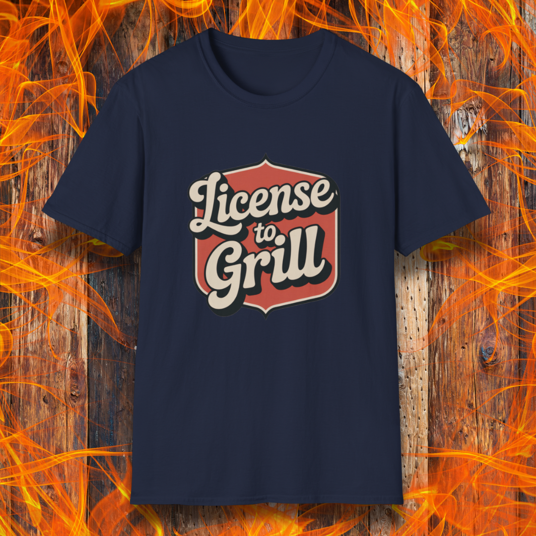 Navy blue t-shirt with 'License to Grill' design on a fiery background