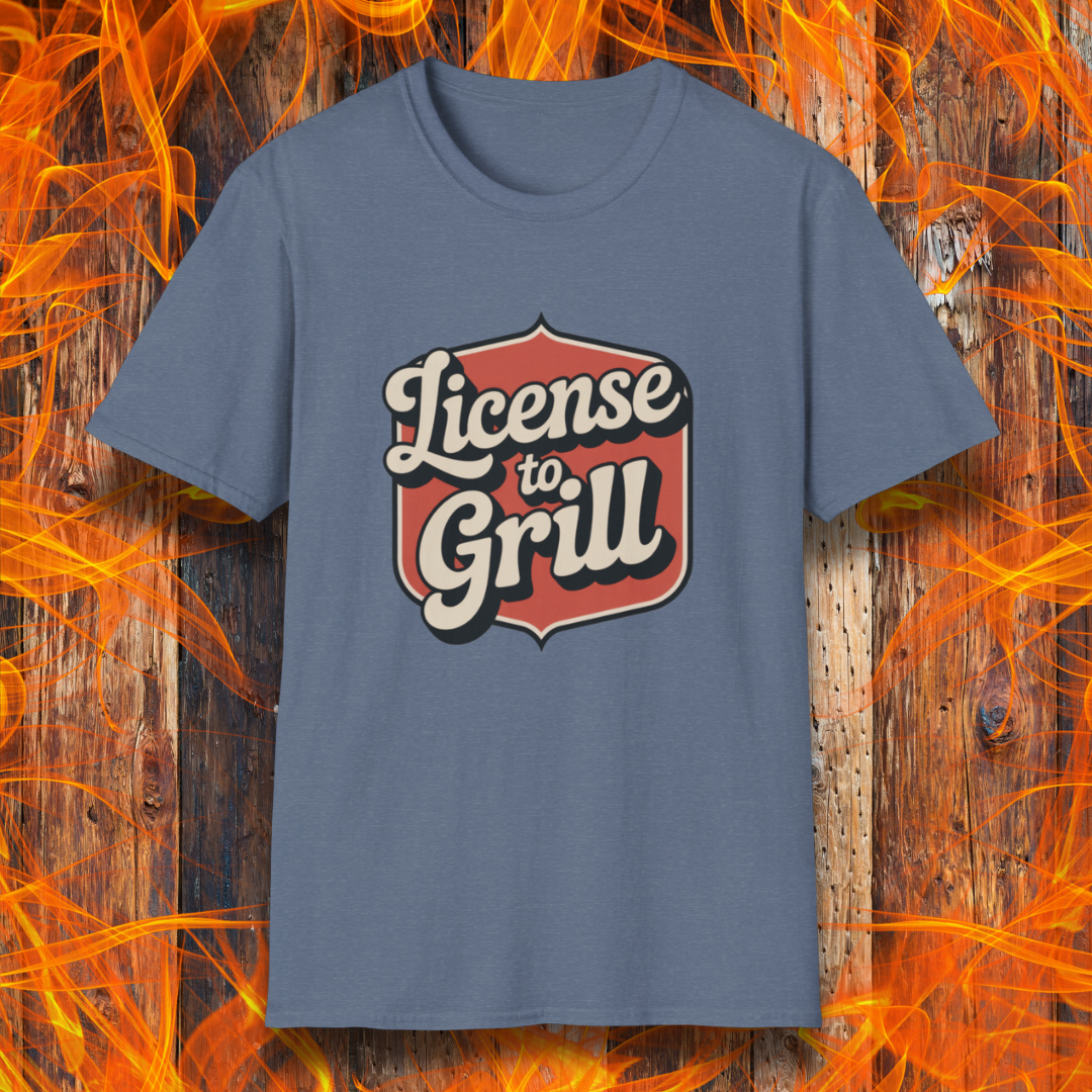 Heather Indigo t-shirt with 'License to Grill' design on a fiery background