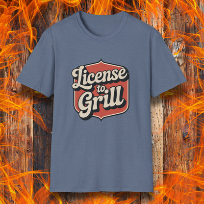 Heather Indigo t-shirt with 'License to Grill' design on a fiery background
