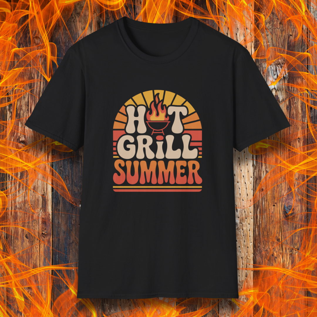 Black t-shirt on wooden fire background with the phrase "Hot Grill Summer"