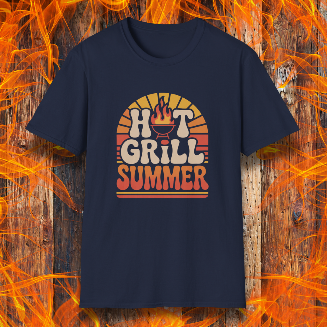 Navy blue t-shirt with 'Hot Grill Summer' design on a fiery background