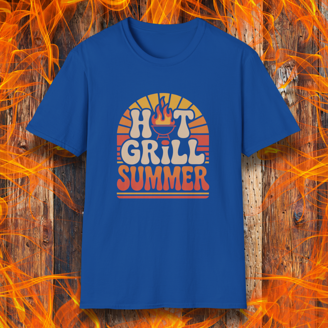 Royal t-shirt on wooden fire background with the phrase "Hot Grill Summer"