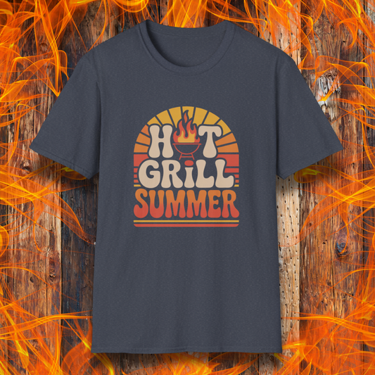Heather Blue t-shirt on wooden fire background with the phrase "Hot Grill Summer"