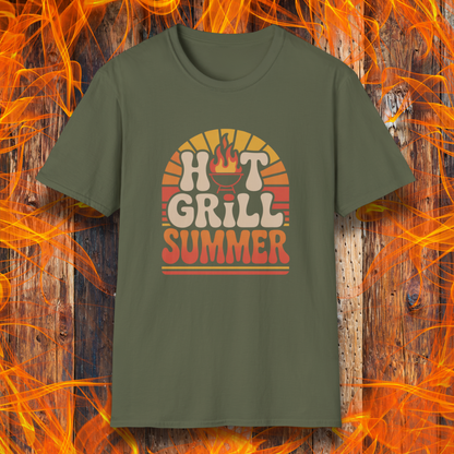 Military Green t-shirt on wooden fire background with the phrase "Hot Grill Summer"