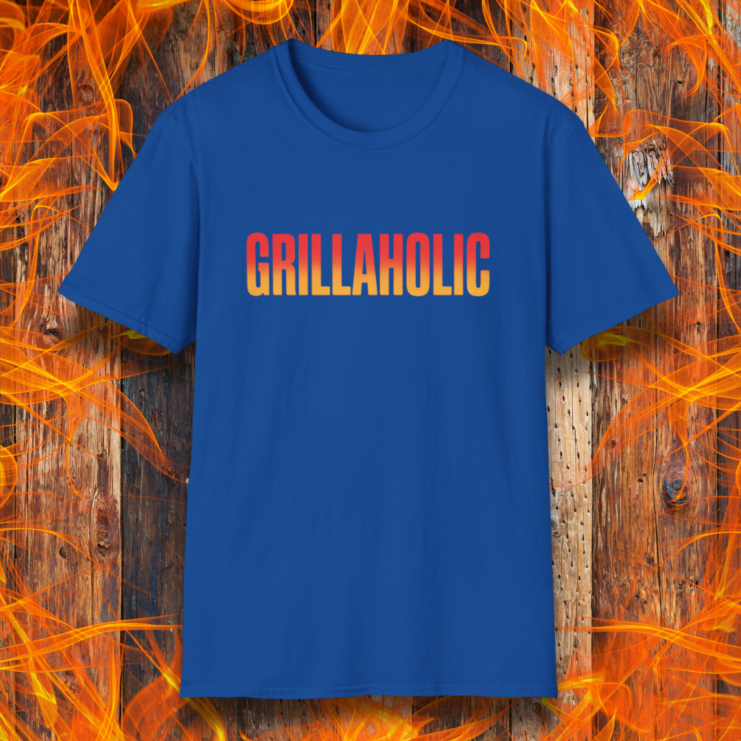 Royal Blue t-shirt with 'GRILLAHOLIC' text on a wooden background with flames.