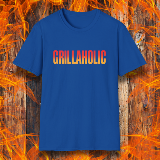 Royal Blue t-shirt with 'GRILLAHOLIC' text on a wooden background with flames.