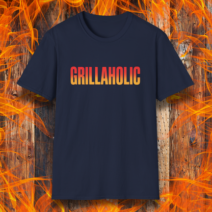 Navy blue t-shirt with 'GRILLAHOLIC' text on a fiery background