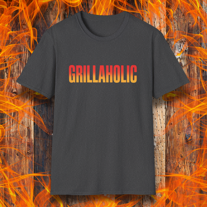 Dark Grey t-shirt with 'GRILLAHOLIC' text on a wooden background with flames.