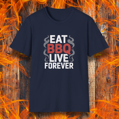 Navy blue t-shirt with 'Eat BBQ Live Forever' text on a fiery background