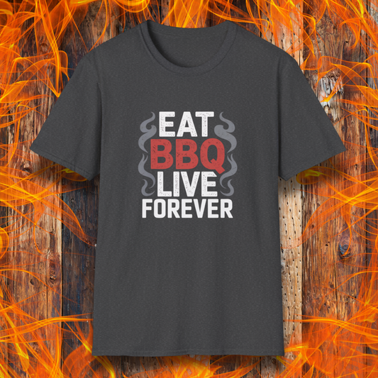 Dark Grey t-shirt with 'Eat BBQ Live Forever' text on a fiery background