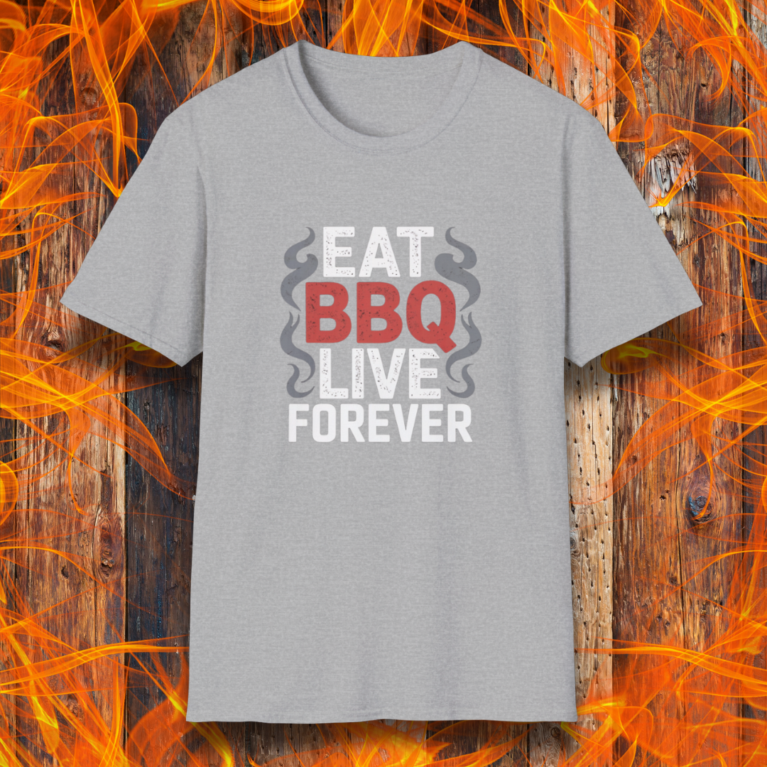 Gray t-shirt with 'EAT BBQ LIVE FOREVER' text on a fiery background