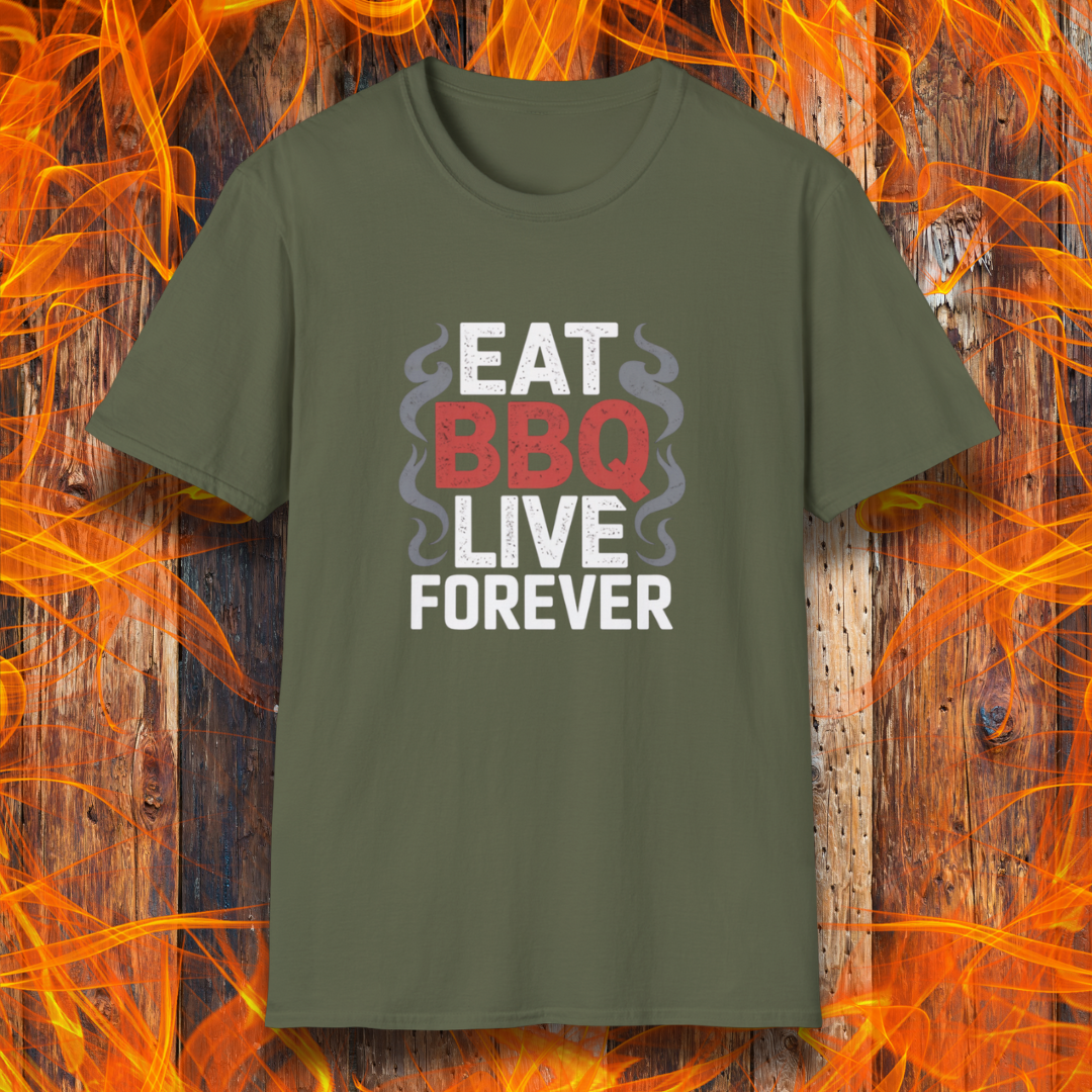 Green t-shirt with 'Eat BBQ Live Forever' text on a fiery background