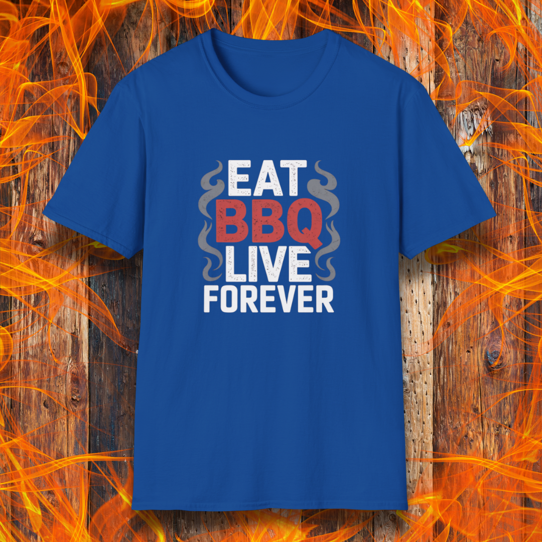 Blue t-shirt with 'EAT BBQ LIVE FOREVER' text on a fiery background